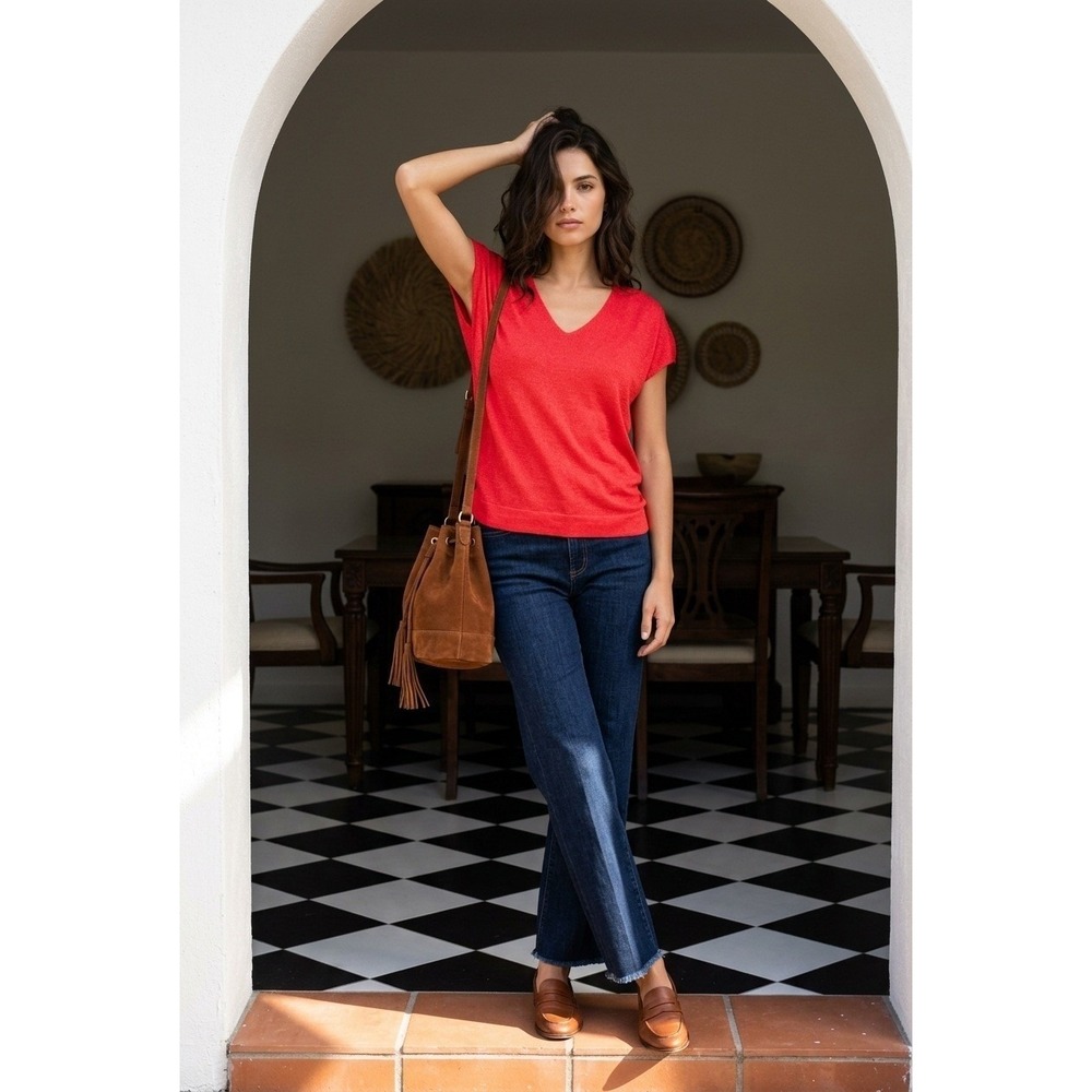 Tommy Bahama 100% Linen Sweater Top Women M Coral Red V Neck Coastal Resort NWT